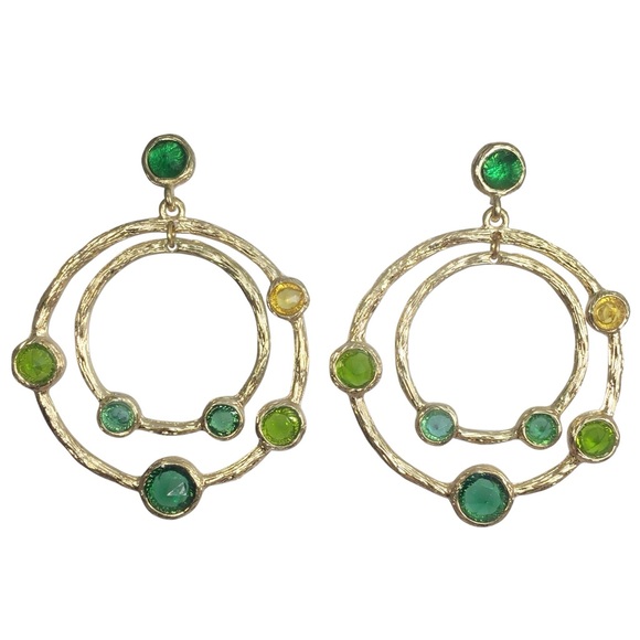 Green Tones Dot Double Gold Tone Ring Post Drop Earrings - Picture 1 of 3